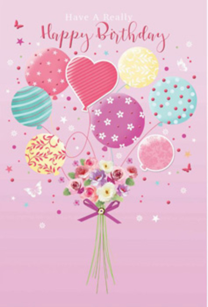 This birthday artwork captures the gentle joy of a pastel sky over Blackheath, translated into balloons and flowers that seem to float right off the page. A cluster of round balloons in pale sunshine yellow, dusty rose, minty sea green, and soft lavender rises at the centre, their surfaces patterned with swirling ribbons, delicate dots, and tiny floral designs. They gather in a loose cloud of colour, drifting upward yet still tethered to the earth by fine white strings that converge into a hand-tied bouquet below. The bouquet is composed of petite roses and daisy-like blooms, their petals velvety and layered, moving from cream at the outer edges to deeper blush and rosy pink at the centres, as if they've been caught in a shaft of morning light over the heath. Nestled among them are anemone-style blossoms with open faces, adding contrast and a sense of airiness. A satin purple bow cinches the stems, its loops neat and reflective, as though a florist near Royal Parade has just finished arranging it with a final, loving touch. Around the main composition, tiny butterflies and starlike accents flit and sparkle, creating the feeling of a birthday daydream suspended in time. The overall tone is warm and celebratory, but never brash; it speaks more of quiet happiness, heartfelt wishes, and the pleasure of sending something thoughtfully designed. This is the kind of illustration that makes a birthday card feel like a keepsake, especially for someone who loves the soft colours and relaxed charm of Blackheath.