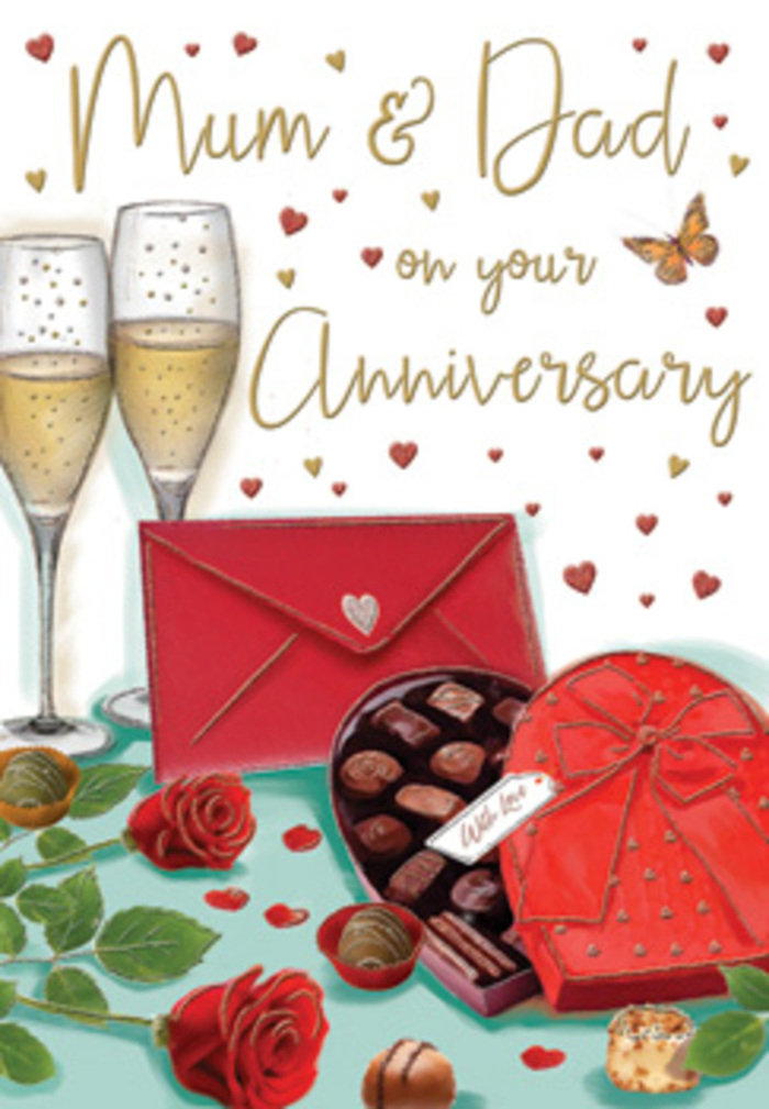The anniversary card artwork presents a carefully staged still life that seems to glow with affection, the sort of design many Blackheath families might choose when marking a milestone for beloved parents. Dominating the composition is a lush spray of red roses, placed low across the table so their open faces are clearly visible. Each bloom is painted with luxuriant depth: velvety petals spiral tightly at the centre, softening into looser folds at the edges, with hints of shadow that give them a three-dimensional, almost fragrant presence. Around the roses, rich green foliage fans outward, echoing the natural textures you might see in a bouquet arranged near the heath. Just beyond the flowers sits a heart-shaped chocolate box, its smooth red exterior and grand bow echoing the romantic theme. The lid is slightly ajar, revealing carefully arranged chocolates in dark and milk tones, some with delicate surface patterns that suggest different flavours, in the same way a curated selection might tempt you in a Blackheath deli. Scattered pieces lie on the tabletop, as if mid-tasting. Two tall champagne flutes stand in quiet harmony behind the chocolates, filled with pale golden fizz; the artist has caught the sparkle of the liquid and the reflections along the thin stems, conjuring the sound of a gentle toast. Wisps of gold and tiny crimson hearts float through the background, framing affectionate wording for Mum & Dad in a warm, hand-drawn script. A vivid red envelope rests casually nearby, signalling a handwritten message inside. Together, these elements create a scene that radiates gratitude, shared memories, and the enduring joy of an anniversary celebrated at home near Blackheath.
