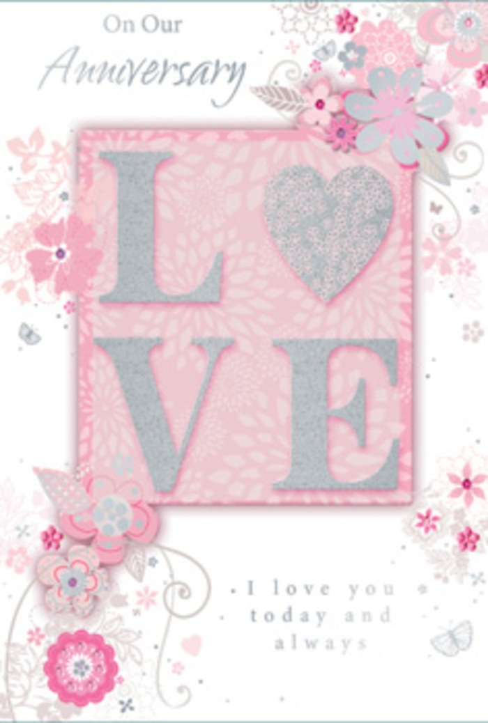 Spread open on a neutral background, this anniversary card looks like a keepsake designed for couples who quietly treasure their daily rituals, whether they're sharing coffee near Blackheath Village or wandering together across the heath. At its centre, the word LOVE appears in generous, raised letters, coated in a frosted, shimmering glitter that catches the light softly rather than blazing. The lettering feels substantial and inviting, as though running a fingertip along each curve would reveal fine, almost velvety ridges, similar to the texture of luxury ribbon wrapped around an anniversary bouquet. Around this central word, a delicate border of hand-drawn florals and sprays drifts along the edges of the card. Petals in tones of blush pink, lilac-tinted ivory, and soft pearl seem to float over the surface, intertwined with slender leaves and looping filigree curls. Here and there, tiny butterflies or wing-like flourishes hide among the flowers, suggesting the gentle flutter in the chest that comes with a loving glance across a dinner table. The floral illustration is light and airy, like an artist's sketch of a bouquet before it's brought to life with real blooms and foliage. Alongside the main motif, the message I love you today and always is printed in a graceful, understated typeface, allowing the words to feel sincere rather than showy. The overall impression is that of a hand-tied bouquet translated into paper form: calm, romantic, and carefully composed, ready to sit beside a vase of pastel flowers delivered from a trusted Blackheath florist to mark another year of shared life.