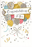 In this image, a sophisticated congratulations card is shown in close view, its front design resembling a small, shimmering celebration unfolding on a calm, neutral background. The focal point is a generous cluster of party balloons rendered in soft metallic tones of gold, silver, champagne, blush pink, airy sky blue, and gentle grey, layered so they seem to float forward like a festive bouquet arriving at a Blackheath doorstep. Each balloon is adorned with its own subtle decoration: fine trails of glitter, miniature star patterns, and delicate stripes that catch the light, suggesting both shine and a gently raised texture. Slender gold and silver strings extend from the base of each balloon, sweeping downwards in loose curls and intertwining gracefully, like the tied stems of a hand-crafted arrangement delivered by a local florist. Around the balloons, a scattering of tiny metallic stars, confetti-like dots, and whirling ribbons drifts across the page, echoing the carefree feeling of a surprise party after a promotion, graduation, or new home celebration near the village or the edge of the heath. At the centre lies a beautifully drawn banner, its edges subtly highlighted with metallic ink and its surface carrying the message Congratulations To You in flowing, elegant calligraphy. The lettering feels poised and sincere, balancing the playful sparkle with a sense of respectful admiration. Overall, the card radiates warmth, pride, and polished festivity, the sort of design you might pair with a chic bouquet for same-day delivery across Blackheath when you want to say well done in a way that feels both joyful and beautifully considered.