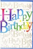 The image shows a richly designed birthday card, full of colour and sparkle, as if created to match a bright party gathering near Blackheath's open green spaces. Dominating the front are the words Happy Birthday, written in large, friendly letters that shine with a smooth rainbow gradient. The colours shift effortlessly from deep ruby red through warm coral and rich violet into cool blues and greens, ending in a soft, sunny yellow, giving the sense of a continuous wave of happiness sweeping across the card. The letters appear slightly raised, with a polished finish that would feel sleek and satisfying to the touch. Set behind this headline, the background is densely yet delicately filled with looping gold script, repeating Happy Birthday to you like a gentle chorus. The script glows with a fine, glittering effect, catching even small traces of light-similar to how late-afternoon sun plays on the rooftops around Montpelier Row. Small, colourful stars and dots, scattered between the main letters, introduce an element of confetti and fun, without disturbing the overall harmony of the design. The balance between the bold rainbow lettering and the refined golden backdrop creates a mood of festive elegance, suitable for anyone from a child to a grandparent. Seen through the eye of a local Blackheath florist, it feels like the perfect finishing touch to a celebratory bouquet: a card that doesn't just say Happy Birthday, but visually captures the sense of a special day, alive with colour, warmth, and the anticipation of being cherished by friends and family.