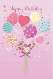 A whimsical birthday illustration unfolds like a storybook moment above the greens of Blackheath, where pastel balloons and a fresh bouquet rise together in carefree celebration. The background is a gentle blush pink, providing a calm canvas for a cluster of balloons in soft shades of rose, sea-green, sunshine yellow, and lilac. Each balloon has its own character: some are wrapped in candy-like stripes, others sprinkled with playful polka dots, and at the centre a heart-shaped balloon quietly radiates affection. Thin white strings trail down from this floating parade and gather into a rounded bouquet of blooms that looks freshly arranged. Delicate roses, anemone-like flowers, and daisy-inspired blossoms intermingle in tones of creamy ivory, blush pink, and muted mauve, their petals feathery and full of movement, as though stirred by a light breeze crossing the heath. A violet satin bow ties the stems with a polished flourish, catching little glints of light along its smooth surface. All around, tiny stars and butterfly motifs drift like confetti in the air, hinting at fairy-tale magic and childhood birthday memories. The entire composition feels bright yet gentle, capturing the spirit of a birthday meant to be joyful, heartfelt, and just a touch nostalgic. It suggests the thoughtful care of a local florist who understands how to blend colour, texture, and sentiment into one image, perfect for sending warm birthday greetings throughout Blackheath and nearby streets.