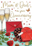 This illustrated anniversary card feels like a tiny, treasured celebration arranged on a tabletop, reminiscent of the intimate family gatherings often shared in homes around Blackheath and the nearby village streets. In the foreground, two full red roses lie across the scene, their petals layered in rich crimson tones that seem soft and velvety to the touch, framed by tidy sprays of deep green leaves. Just beside them, a heart-shaped box of chocolates takes pride of place, its red lid and generous bow rendered with a satiny sheen. The lid is open, revealing a selection of glossy chocolates, some still nestled neatly in their compartments, others tipped playfully onto the table, hinting at shared indulgence and stolen sweets after dinner. Behind this inviting arrangement rise two elegant champagne flutes, close together like a couple, filled with pale golden champagne. Tiny bubbles dance within each glass, catching warm highlights that echo the soft glow of an evening celebration. Scattered across the backdrop are tiny red and gold hearts, drifting around lovingly scripted words dedicated to Mum & Dad, giving the card a heartfelt, personal focus. A bold scarlet envelope lies nearby, suggesting a handwritten note waiting to be opened, perhaps penned earlier in a quiet corner overlooking Blackheath Common. Every detail-from the shine on the ribbon to the play of light on the glass-combines to create a warm, romantic mood. The illustration captures not only the visual elements of roses, chocolates and champagne, but also the emotional essence of an anniversary: shared history, enduring love, and a moment taken to pause and cherish it.